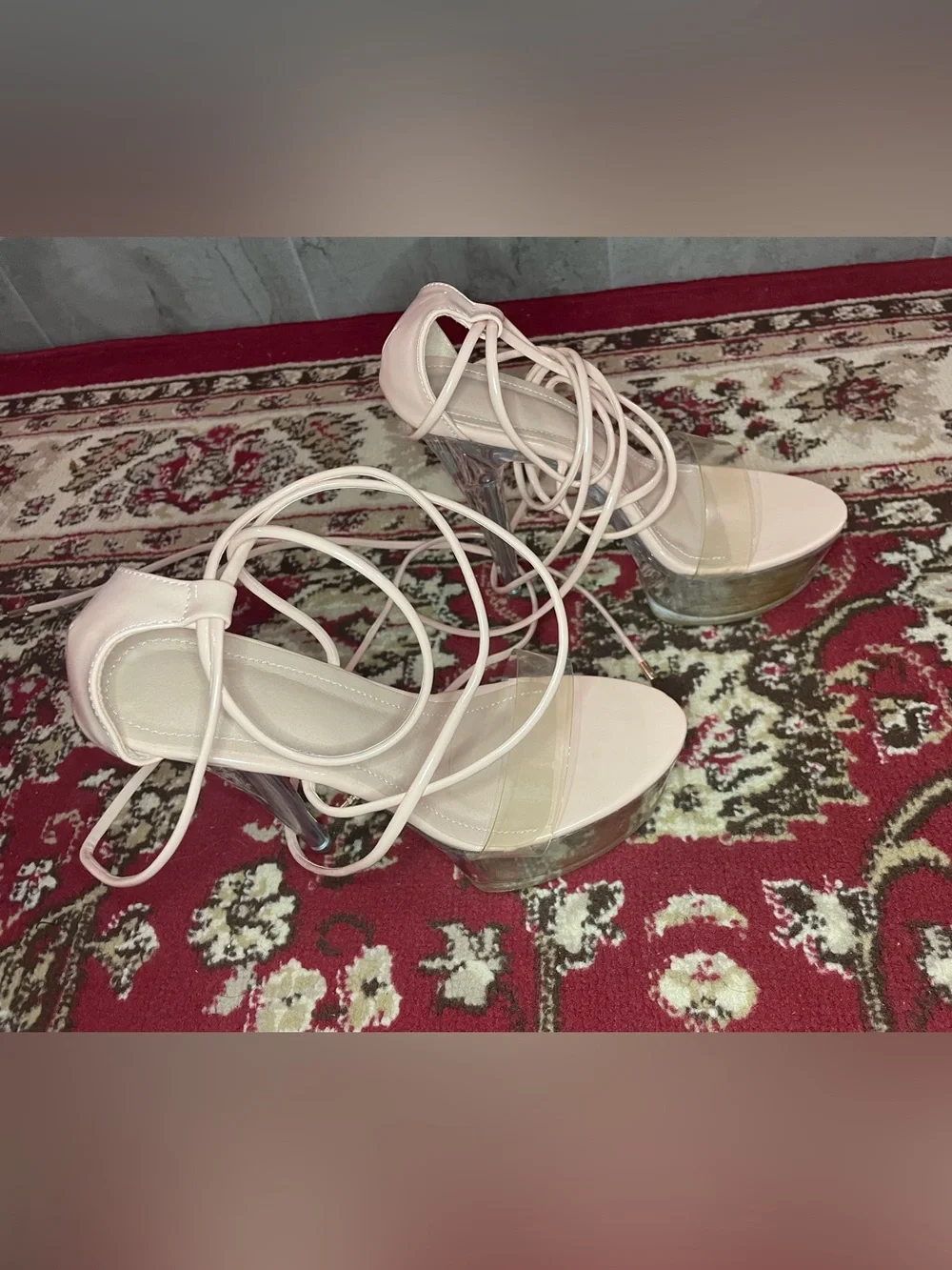 Nude Pink Lace-Up Clear Platform Heels